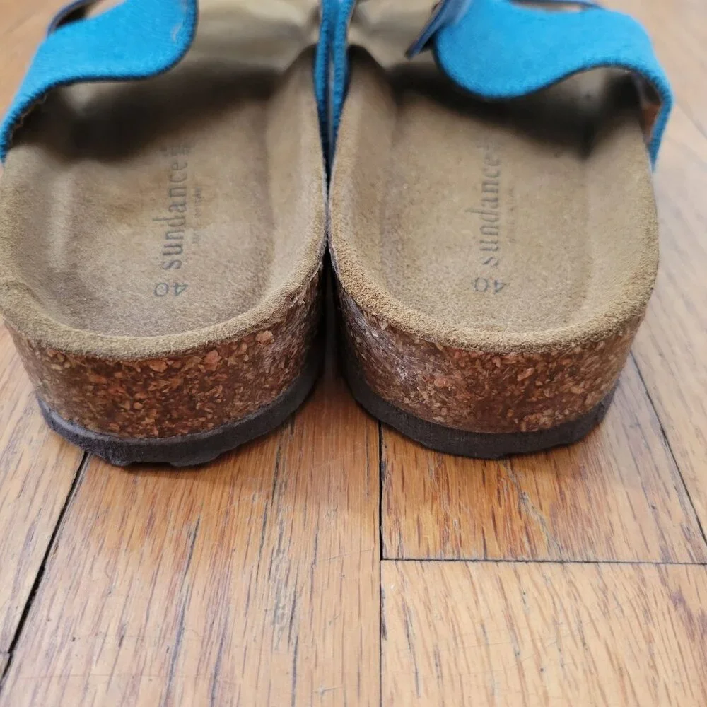 Sundance 9 9.5 Blue Leather Canvas Sandals‎ Cork Insole 40 Open Toe Comfort